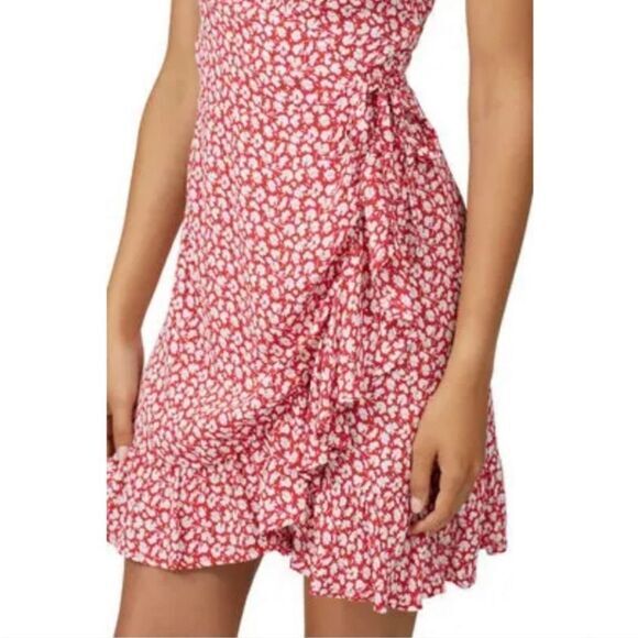 All Saints Dress Women's Medium Red Floral Krystal Wrap Mini Ruffle V Neck Large - Picture 8 of 13